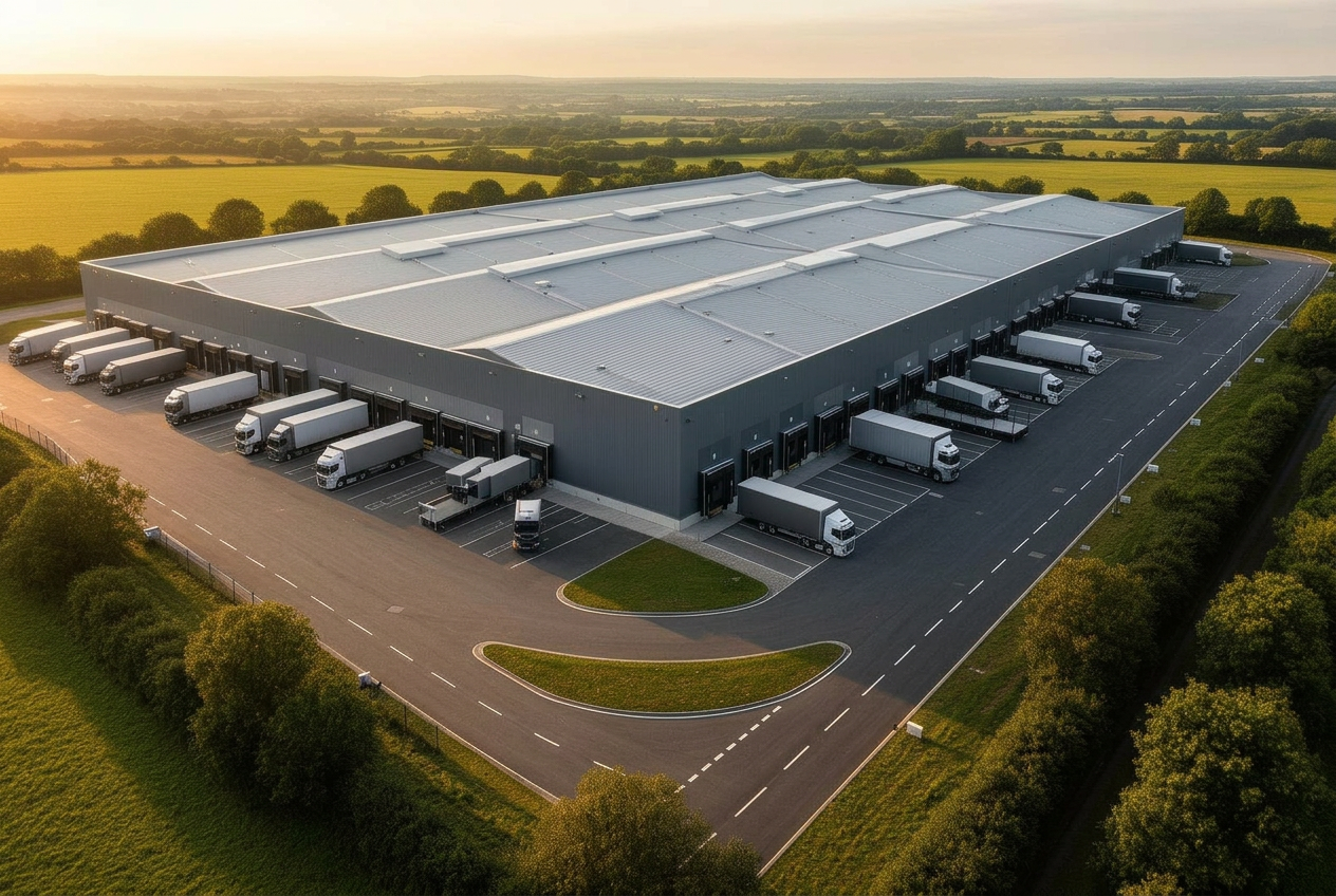 Aerial view of UK industrial logistics warehouses